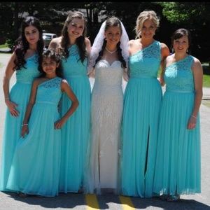 Long One Shoulder Lace Bridesmaid Dress. Spa Blue.